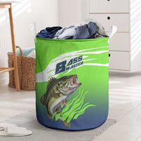 Bass Master Fishing Laundry Basket with Jumping Largemouth Bass and Green Wave Pattern - Wonder Print Shop