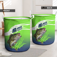 Bass Master Fishing Laundry Basket with Jumping Largemouth Bass and Green Wave Pattern - Wonder Print Shop