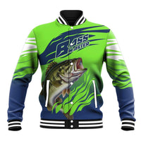 Bass Master Fishing Baseball Jacket with Jumping Largemouth Bass and Green Wave Pattern - Wonder Print Shop