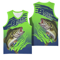 Bass Master Fishing Basketball Jersey with Jumping Largemouth Bass and Green Wave Pattern - Wonder Print Shop