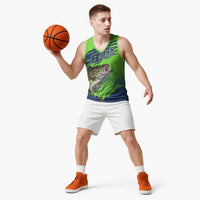 Bass Master Fishing Basketball Jersey with Jumping Largemouth Bass and Green Wave Pattern - Wonder Print Shop
