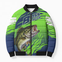 Bass Master Fishing Bomber Puffer Jacket with Jumping Largemouth Bass and Green Wave Pattern - Wonder Print Shop
