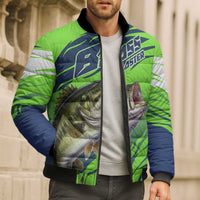 Bass Master Fishing Bomber Puffer Jacket with Jumping Largemouth Bass and Green Wave Pattern - Wonder Print Shop