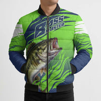 Bass Master Fishing Bomber Puffer Jacket with Jumping Largemouth Bass and Green Wave Pattern - Wonder Print Shop