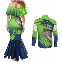 Bass Master Fishing Couples Matching Mermaid Dress and Long Sleeve Button Shirt with Jumping Largemouth Bass and Green Wave Pattern - Wonder Print Shop