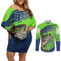 Bass Master Fishing Couples Matching Off Shoulder Short Dress and Long Sleeve Button Shirt with Jumping Largemouth Bass and Green Wave Pattern - Wonder Print Shop