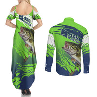 Bass Master Fishing Couples Matching Summer Maxi Dress and Long Sleeve Button Shirt with Jumping Largemouth Bass and Green Wave Pattern - Wonder Print Shop