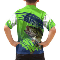 Bass Master Fishing Family Matching Long Sleeve Bodycon Dress and Hawaiian Shirt with Jumping Largemouth Bass and Green Wave Pattern - Wonder Print Shop
