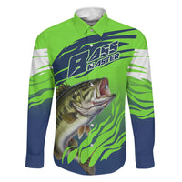 Bass Master Fishing Family Matching Long Sleeve Bodycon Dress and Hawaiian Shirt with Jumping Largemouth Bass and Green Wave Pattern - Wonder Print Shop
