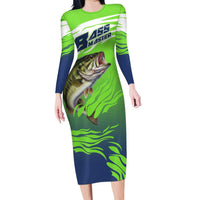Bass Master Fishing Family Matching Long Sleeve Bodycon Dress and Hawaiian Shirt with Jumping Largemouth Bass and Green Wave Pattern - Wonder Print Shop