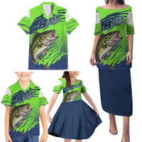 Bass Master Fishing Family Matching Puletasi and Hawaiian Shirt with Jumping Largemouth Bass and Green Wave Pattern - Wonder Print Shop