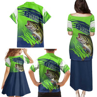 Bass Master Fishing Family Matching Puletasi and Hawaiian Shirt with Jumping Largemouth Bass and Green Wave Pattern - Wonder Print Shop