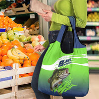 Bass Master Fishing Grocery Bag with Jumping Largemouth Bass and Green Wave Pattern - Wonder Print Shop