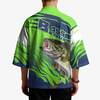 Bass Master Fishing Kimono with Jumping Largemouth Bass and Green Wave Pattern - Wonder Print Shop