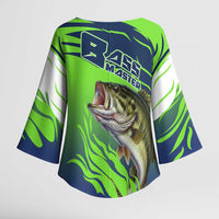 Bass Master Fishing Kimono Sleeve Blouse with Jumping Largemouth Bass and Green Wave Pattern - Wonder Print Shop