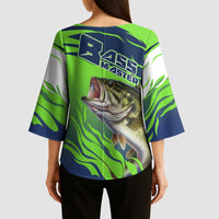 Bass Master Fishing Kimono Sleeve Blouse with Jumping Largemouth Bass and Green Wave Pattern - Wonder Print Shop