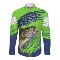 Bass Master Fishing Long Sleeve Button Shirt with Jumping Largemouth Bass and Green Wave Pattern - Wonder Print Shop
