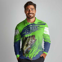 Bass Master Fishing Long Sleeve Polo Shirt with Jumping Largemouth Bass and Green Wave Pattern - Wonder Print Shop