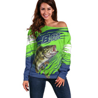 Bass Master Fishing Off Shoulder Sweater with Jumping Largemouth Bass and Green Wave Pattern - Wonder Print Shop