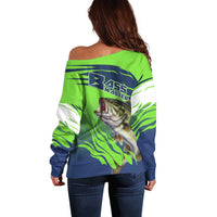 Bass Master Fishing Off Shoulder Sweater with Jumping Largemouth Bass and Green Wave Pattern - Wonder Print Shop