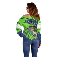 Bass Master Fishing Off Shoulder Sweater with Jumping Largemouth Bass and Green Wave Pattern - Wonder Print Shop