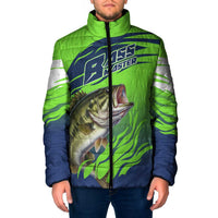 Bass Master Fishing Padded Jacket with Jumping Largemouth Bass and Green Wave Pattern - Wonder Print Shop