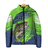 Bass Master Fishing Padded Jacket with Jumping Largemouth Bass and Green Wave Pattern - Wonder Print Shop