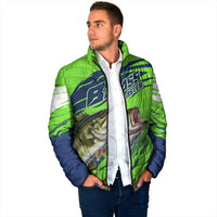 Bass Master Fishing Padded Jacket with Jumping Largemouth Bass and Green Wave Pattern - Wonder Print Shop