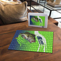 Bass Master Fishing Puzzle with Jumping Largemouth Bass and Green Wave Pattern - Wonder Print Shop