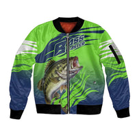 Bass Master Fishing Sleeve Zip Bomber Jacket with Jumping Largemouth Bass and Green Wave Pattern - Wonder Print Shop