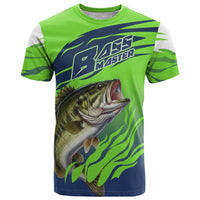 Bass Master Fishing T Shirt with Jumping Largemouth Bass and Green Wave Pattern - Wonder Print Shop