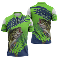 Bass Master Fishing Zipper Polo Shirt with Jumping Largemouth Bass and Green Wave Pattern - Wonder Print Shop
