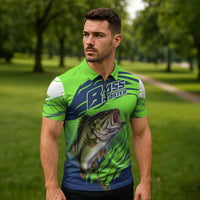 Bass Master Fishing Zipper Polo Shirt with Jumping Largemouth Bass and Green Wave Pattern - Wonder Print Shop