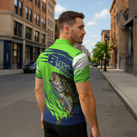 Bass Master Fishing Zipper Polo Shirt with Jumping Largemouth Bass and Green Wave Pattern - Wonder Print Shop