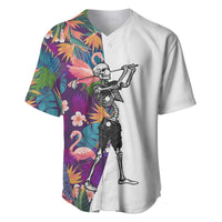 Custom Skeleton Golfer Baseball Jersey with Tropical Flamingo Leaves Pattern and Colorful Floral Background - Wonder Print Shop