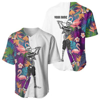 Custom Skeleton Golfer Baseball Jersey with Tropical Flamingo Leaves Pattern and Colorful Floral Background - Wonder Print Shop