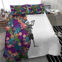 Skeleton Golfer Bedding Set with Tropical Flamingo Leaves Pattern and Colorful Floral Background - Wonder Print Shop
