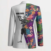 Custom Skeleton Golfer Blazer with Tropical Flamingo Leaves Pattern and Colorful Floral Background - Wonder Print Shop