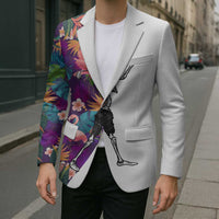 Custom Skeleton Golfer Blazer with Tropical Flamingo Leaves Pattern and Colorful Floral Background - Wonder Print Shop