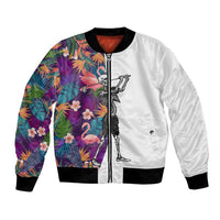 Custom Skeleton Golfer Bomber Jacket with Tropical Flamingo Leaves Pattern and Colorful Floral Background - Wonder Print Shop