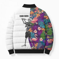 Custom Skeleton Golfer Bomber Puffer Jacket with Tropical Flamingo Leaves Pattern and Colorful Floral Background - Wonder Print Shop