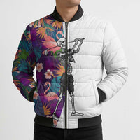Custom Skeleton Golfer Bomber Puffer Jacket with Tropical Flamingo Leaves Pattern and Colorful Floral Background - Wonder Print Shop