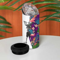 Skeleton Golfer 4 in 1 Can Cooler Tumbler with Tropical Flamingo Leaves Pattern and Colorful Floral Background - Wonder Print Shop