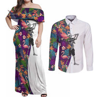Custom Skeleton Golfer Couples Matching Off Shoulder Maxi Dress and Long Sleeve Button Shirt with Tropical Flamingo Leaves Pattern and Colorful Floral Background - Wonder Print Shop