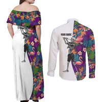 Custom Skeleton Golfer Couples Matching Off Shoulder Maxi Dress and Long Sleeve Button Shirt with Tropical Flamingo Leaves Pattern and Colorful Floral Background - Wonder Print Shop