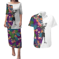 Custom Skeleton Golfer Couples Matching Puletasi and Hawaiian Shirt with Tropical Flamingo Leaves Pattern and Colorful Floral Background - Wonder Print Shop