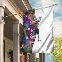 Skeleton Golfer Garden Flag with Tropical Flamingo Leaves Pattern and Colorful Floral Background - Wonder Print Shop