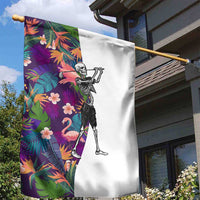 Skeleton Golfer Garden Flag with Tropical Flamingo Leaves Pattern and Colorful Floral Background - Wonder Print Shop