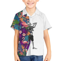 Custom Skeleton Golfer Kid Hawaiian Shirt with Tropical Flamingo Leaves Pattern and Colorful Floral Background - Wonder Print Shop