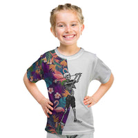 Custom Skeleton Golfer Kid T Shirt with Tropical Flamingo Leaves Pattern and Colorful Floral Background - Wonder Print Shop